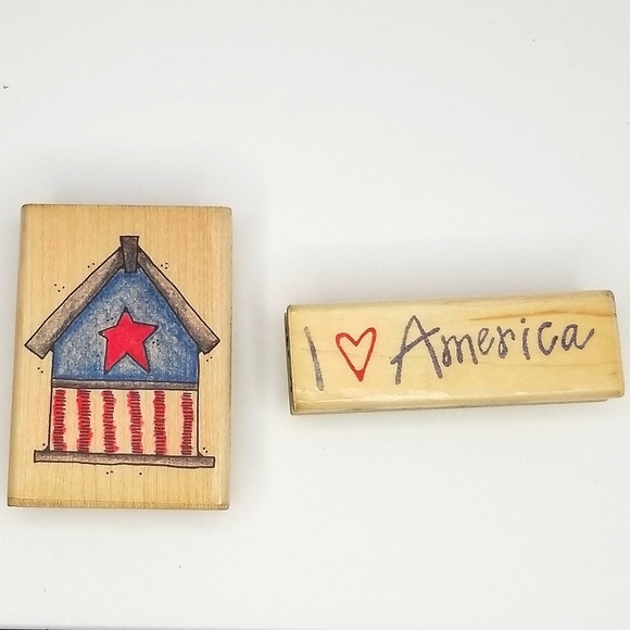 Image Tree Patriotic Americana Wooden Rubber Stamp Set- Stars Flag I <3 America - Picture 3 of 6